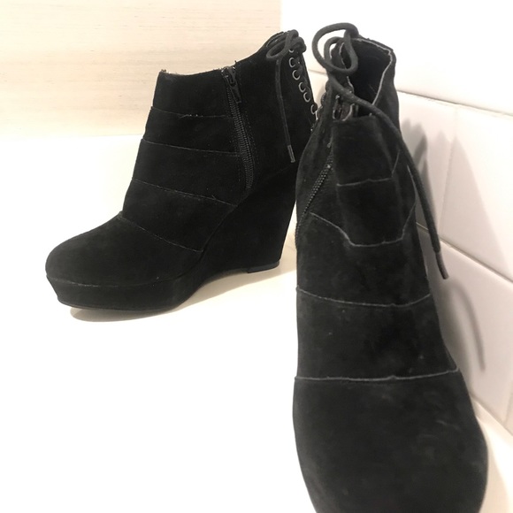 NEW Black Leather Corset Lace-Up Real Suede Goth Ankle Booties: Wedges size 8 - Picture 5 of 6